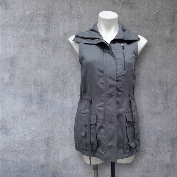 Democracy Size XSmall Gray Cinch Waist Cargo Pockets Accent Back Vest Lined - Picture 2 of 12